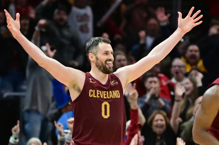 Jan 2, 2023; Cleveland, Ohio, USA; Cleveland Cavaliers forward Kevin Love (0) celebrates after guard Donovan Mitchell (not pictured) hit a three point basket during overtime against the Chicago Bulls at Rocket Mortgage FieldHouse. Mandatory Credit: Ken Blaze-USA TODAY Sports